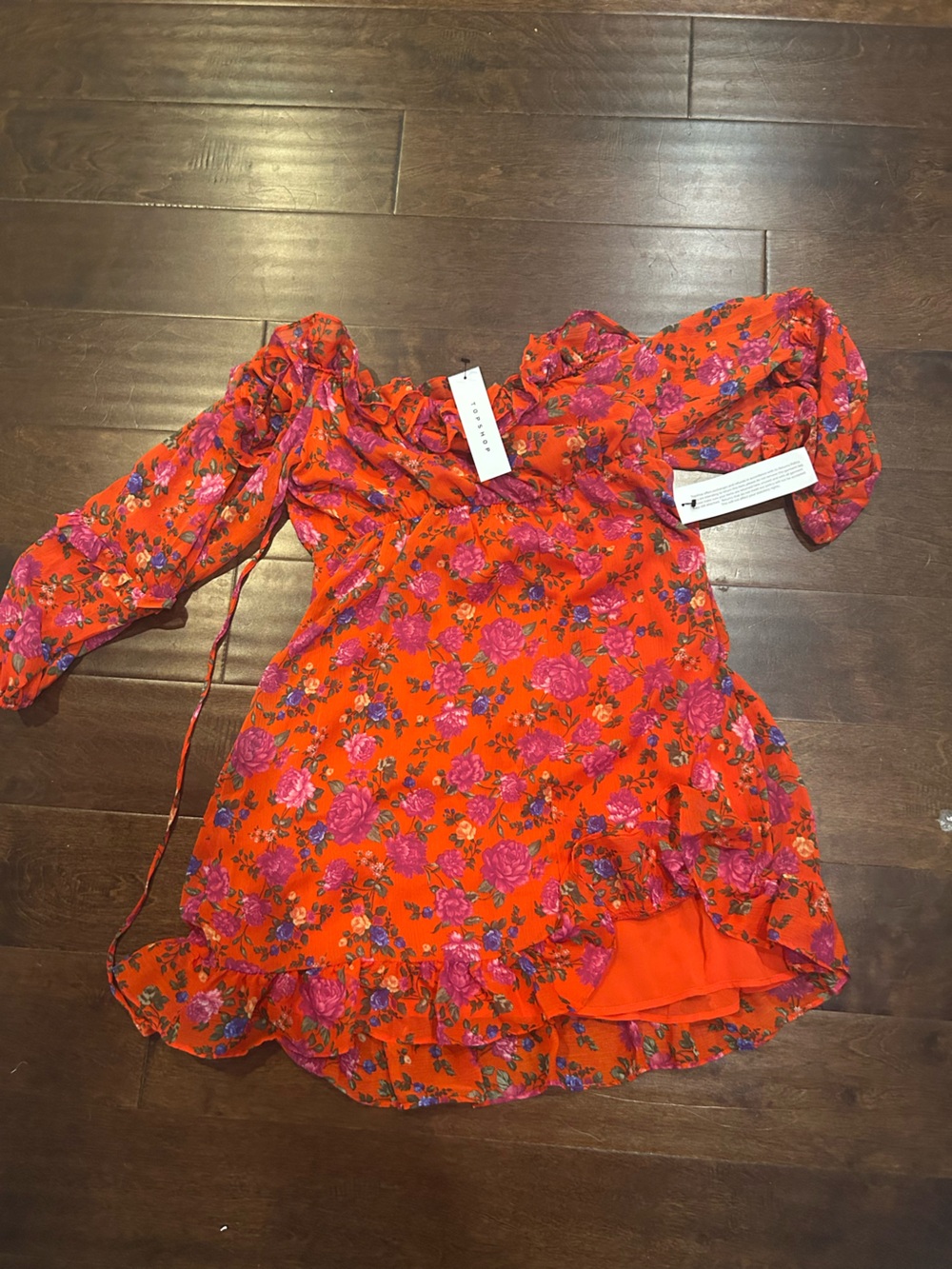 Topshop- NWT- ' Orangemred Floral Ruffle Dress